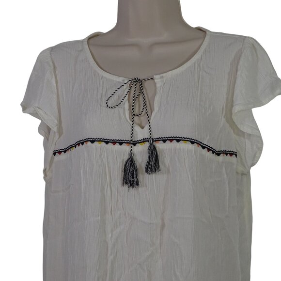 Old Navy Cream Boho Tunic Top Tassel Tie Women Size L Crinkle Rayon Short Sleeve - Picture 2 of 8